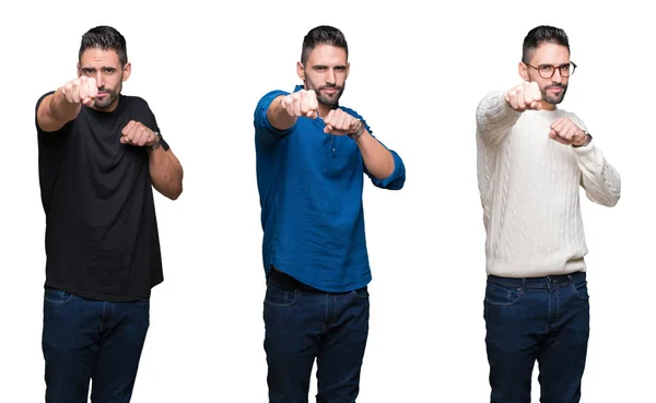 Colagem Homem Bonito Sobre Fundo Isolado Branco Punho Punho Para — Fotografia de Stock