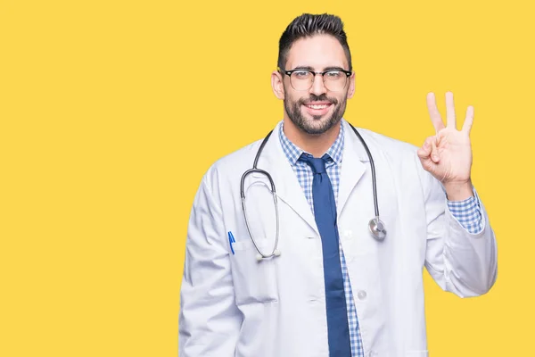 Guapo Joven Doctor Hombre Sobre Aislado Fondo Mostrando Señalando Hacia — Foto de Stock