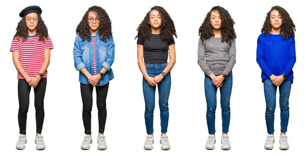 Colagem Bela Jovem Com Cabelo Encaracolado Sobre Fundo Isolado Branco — Fotografia de Stock