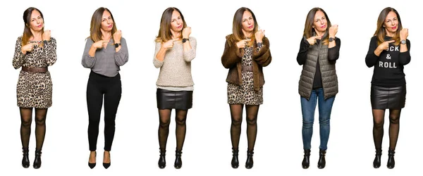 Collage Hermosa Mujer Mediana Edad Con Diferentes Miradas Sobre Fondo —  Fotos de Stock