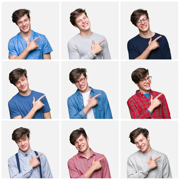 Collage Young Man White Isolated Background Cheerful Smile Face Pointing — Stock Photo, Image