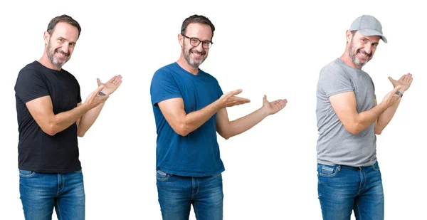 Colagem Homem Sênior Bonito Sobre Fundo Isolado Branco Convidando Para — Fotografia de Stock