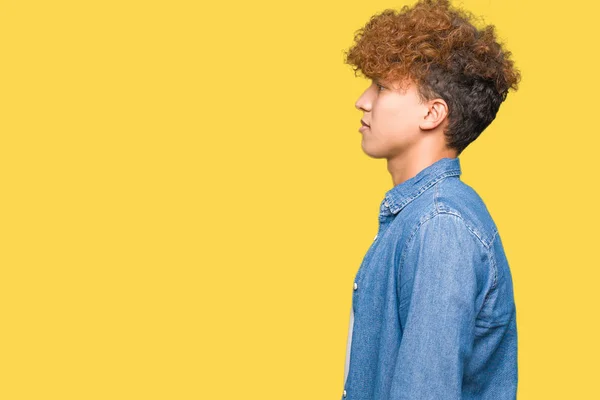 Young Handsome Man Afro Hair Wearing Denim Jacket Looking Side — Stock Photo, Image