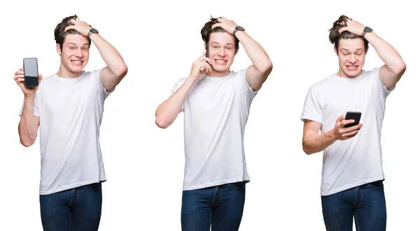 Collage Hombre Joven Usando Teléfono Inteligente Sobre Fondo Blanco Aislado —  Fotos de Stock