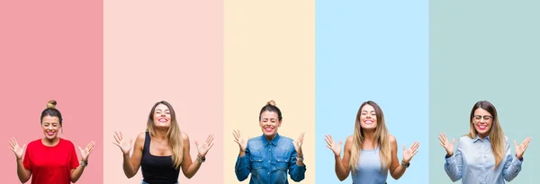 Collage Ung Vacker Kvinna Över Färgglada Ränder Isolerad Bakgrund Firar — Stockfoto