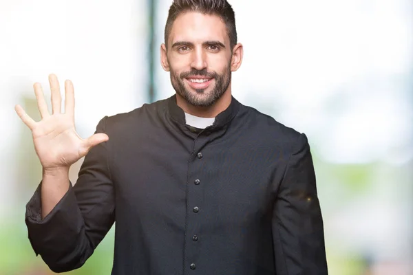 Jovem Padre Cristão Sobre Fundo Isolado Mostrando Apontando Para Cima — Fotografia de Stock