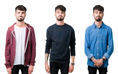 Komik surat ile yanakları şişirme izole arka plan üzerinde genç adam kolaj. Ağız ile hava, deli ifade şişirilmiş.