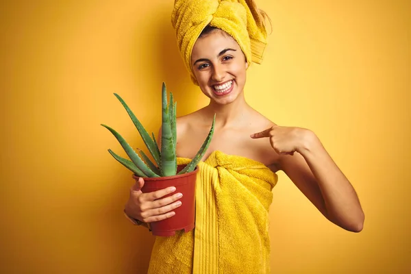 Giovane Bella Donna Che Indossa Asciugamano Possesso Vaso Cactus Sfondo — Foto Stock