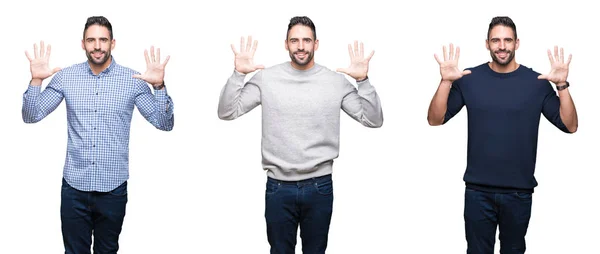Коллаж Красивый Бизнесмен Белом Изолированном Фоне Показывая Показывая Пальцами Номер — стоковое фото