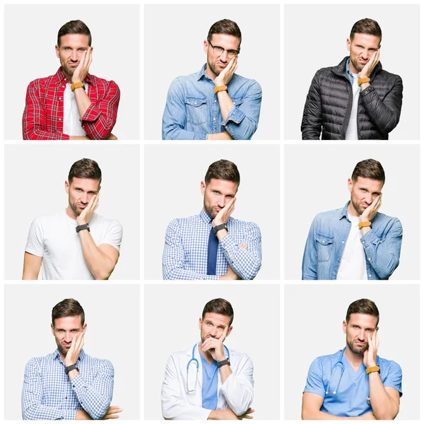 Collage Attractive Young Man White Isolated Background Thinking Looking Tired — Stock Photo, Image