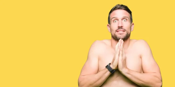 Handsome Shirtless Man Showing Nude Chest Praying Hands Together Asking — Stock Photo, Image