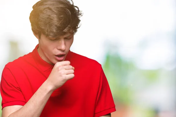 Homem Bonito Jovem Vestindo Camiseta Vermelha Sobre Fundo Isolado Sentindo — Fotografia de Stock