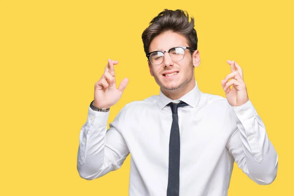 Young Business Man Wearing Glasses Isolated Background Smiling Crossing Fingers — Stock Photo, Image
