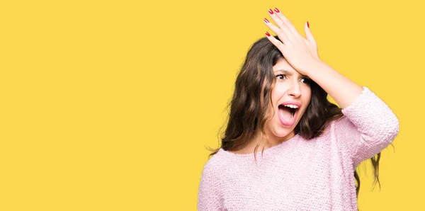 Young Beautiful Woman Wearing Pink Sweater Surprised Hand Head Mistake — Stock Photo, Image