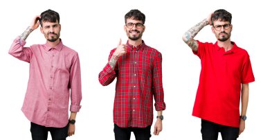 İzole arka plan üzerinde gözlük takan genç adam kolaj şaşırtmak ve soru hakkında merak ediyorum. Şüphe ile belirsiz, baş el ile düşünme. Pensive kavramı.