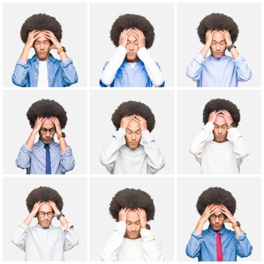 Çünkü çaresiz ve stresli baş ağrısı acı beyaz izole arka plan üzerinde afro saçlı Genç adam kolaj ağrı ve migren. Ellerini kafasına.