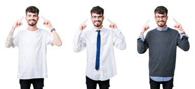 Kolaj gencin izole arka plan üzerinde her ikisi ile baş gösteren gülümseyen eller parmak, harika bir fikir ya da düşünce, iyi hafıza