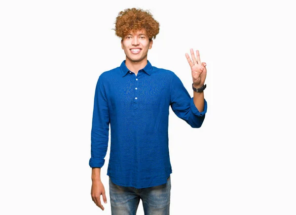 Jeune Homme Élégant Beau Avec Des Cheveux Afro Montrant Pointant — Photo