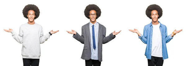 Колаж Молодого Чоловіка Афро Волоссям Над Білим Ізольованим Тлом Посмішка — стокове фото