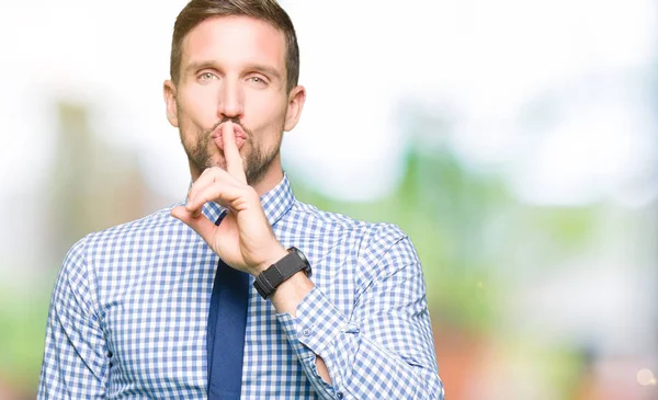 Handsome Business Man Wearing Tie Asking Quiet Finger Lips Silence — Stock Photo, Image