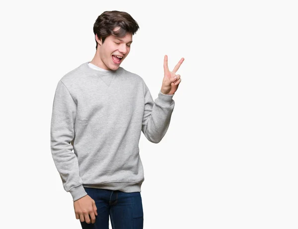 Young Handsome Sporty Man Wearing Sweatshirt Isolated Background Smiling Happy — Stock Photo, Image