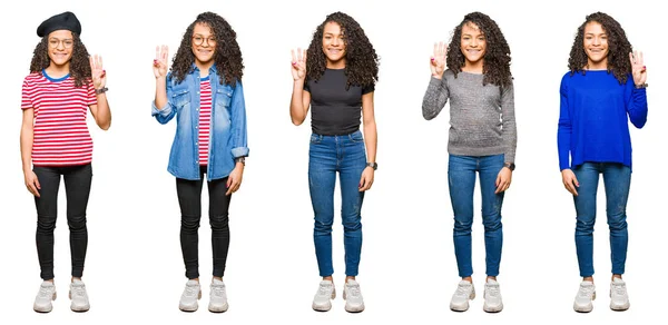 Collage Einer Schönen Jungen Frau Mit Lockigem Haar Über Weißem — Stockfoto