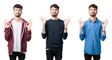 Kolaj gencin izole arka plan üzerinde dinlenmek ve gülümseyen gözlerle parmak ile meditasyon jest yapıyor kapalı. Yoga kavramı.