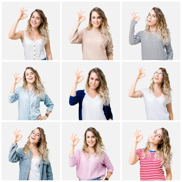 Collage Young Beautiful Blonde Girl Isolated Background Smiling Positive Doing — Stock Photo, Image