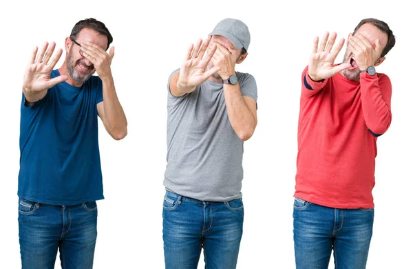 Collage Eines Gut Aussehenden Älteren Mannes Vor Weißem Isoliertem Hintergrund — Stockfoto