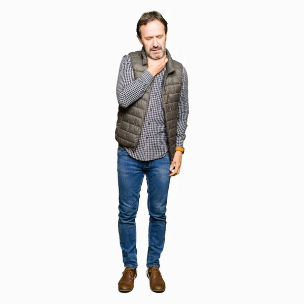 Middle Age Handsome Man Wearing Winter Vest Touching Painful Neck — Stock Photo, Image