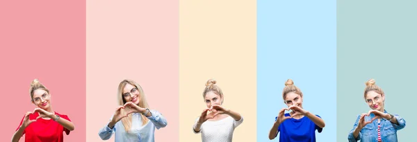 Collage Hermosa Mujer Rubia Sobre Rayas Colores Fondo Aislado Sonriendo —  Fotos de Stock