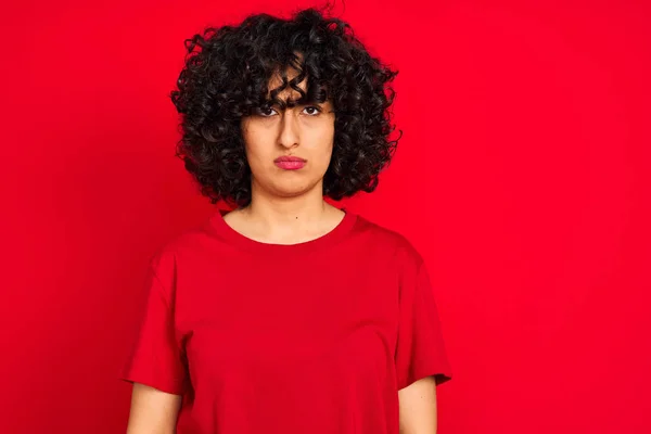 Young Arab Woman Curly Hair Wearing Casual Shirt Isolated Red — Stock Photo, Image