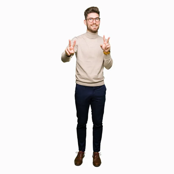 Young Handsome Business Man Wearing Glasses Smiling Looking Camera Showing — Stock Photo, Image