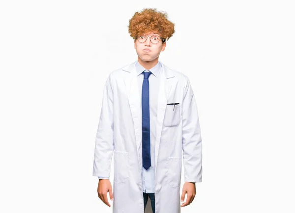 Young Handsome Scientist Man Wearing Glasses Puffing Cheeks Funny Face — Stock Photo, Image