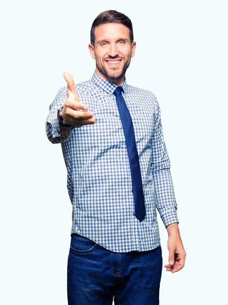 Bonito Homem Negócios Usando Gravata Sorrindo Amigável Oferecendo Aperto Mão — Fotografia de Stock
