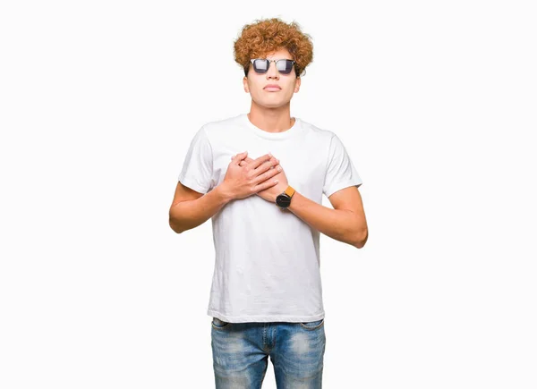 Young Handsome Man Afro Hair Wearing Sunglasses Smiling Hands Chest — Stock Photo, Image