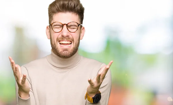 Young Handsome Business Man Wearing Glasses Celebrating Mad Crazy Success — Stock Photo, Image