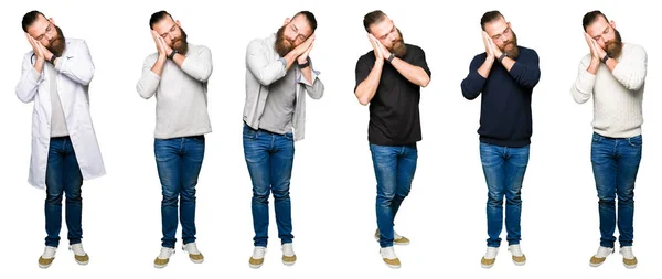 Colagem Jovem Com Coque Sobre Fundo Isolado Branco Dormindo Cansado — Fotografia de Stock