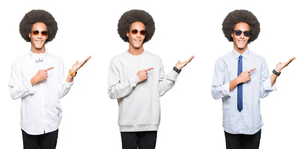 Collage Giovane Uomo Con Capelli Afro Sfondo Bianco Isolato Stupito — Foto Stock