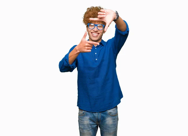 Young Handsome Man Afro Hair Wearing Blue Glasses Smiling Making — Stock Photo, Image