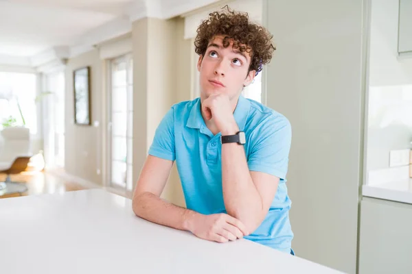 Young Handsome Man Wearing Casual Blue Shirt Home Hand Chin — Stock Photo, Image