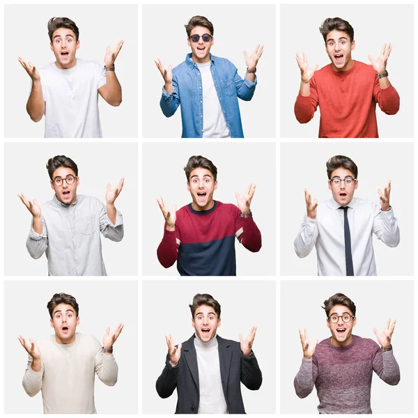 Collage Young Handsome Business Man Isolated Background Celebrating Crazy Amazed Stock Image