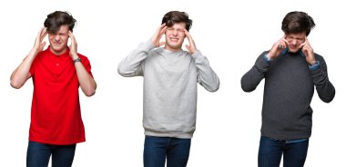 Çünkü çaresiz ve stresli baş ağrısı acı beyaz izole arka plan üzerinde genç adam kolaj ağrı ve migren. Ellerini kafasına.