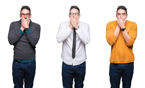 Collage Handsome Man White Isolated Background Shocked Covering Mouth Hands — Stock Photo, Image