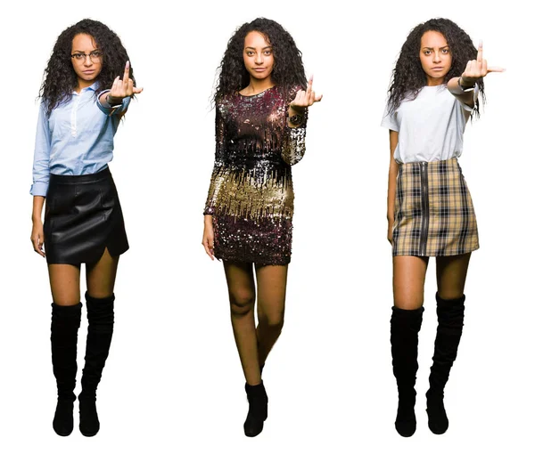 Parti giyen genç kadın kolaj izole beyaz arka plan üzerinde görünüyor orta parmak, kaba ve kabalaşmak ifade kapalı göstermek