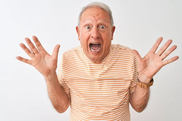 Hombre Pelo Gris Mayor Con Camiseta Rayas Pie Sobre Fondo —  Fotos de Stock