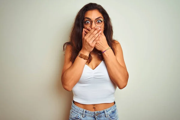 Young Beautiful Woman Wearing Shirt Glasses Standing Isolated White Background — Stock Photo, Image