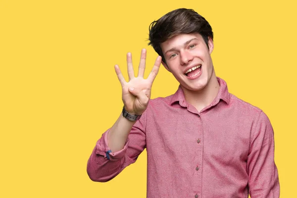 Молодой Привлекательный Бизнесмен Изолированном Фоне Показывает Показывает Пальцами Номер Четыре — стоковое фото