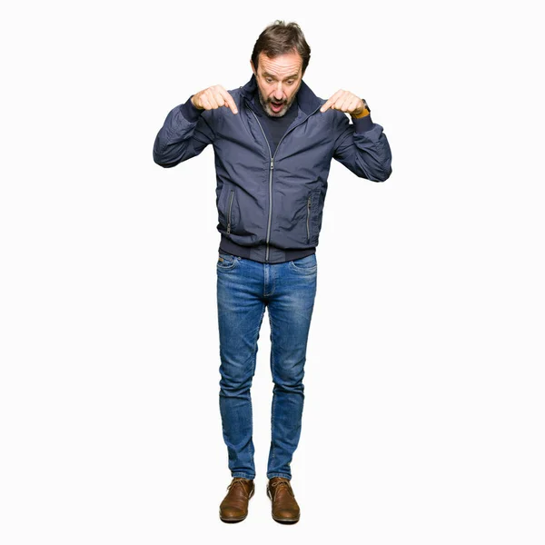 Middle Age Handsome Man Wearing Jacket Pointing Fingers Showing Advertisement — Stock Photo, Image