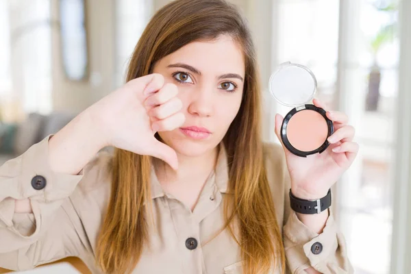 Beautiful Young Woman Using Make Cosmetics Applying Powder Angry Face — Stock Photo, Image